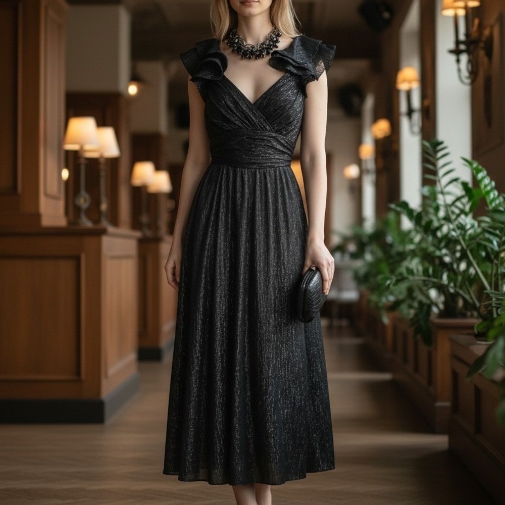 Francesca's Melliny Dress Small Black‎ Metallic Ruffle Midi Coccktail 4088 NWT
